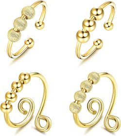 4Pcs Fidget Rings Anxiety Ring for Women Balls Adjustable Fidget Spinner Ring Gold Plated Anti Anxiety Stress Relief Spinning Ring Size 7