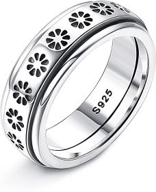 925 Sterling Spinner Rings Fidget Band Ring Stress Relief Rings Fidget Rings for Anxiety Cletic Floral Moon Star Anxiety Ring for Women Men Size 9.5