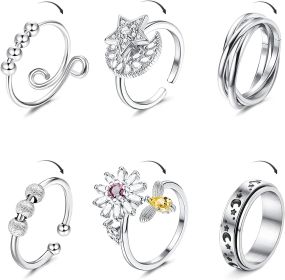 6Pcs Fidget Ring for Women Adjustable Spinner Rings for Anxiety Moon Star Bead Cubic Flower Stress Relief Stackable Ring Set Size 11