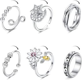 6Pcs Fidget Ring for Women Adjustable Spinner Rings for Anxiety Moon Star Bead Cubic Flower Stress Relief Stackable Ring Set Size 10