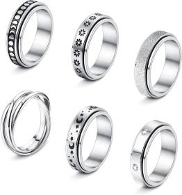 6Pcs Stainless Spinner Rings Set for Women Mens CZ Matte Flower Triple Interlocked Rolling Stress Relieving Ring Anxiety Relief Fidget Band Rings