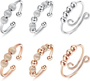 6 Pcs Fidget Ring for Anxiety for Women Spinner Adjustable Open Rotatable Beads Ring Anti-Anxiety Stress Relief Band Ring Set Size 8