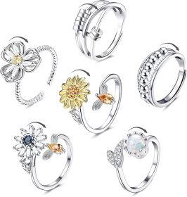 6Pcs Fidget Anxiety Rings for Women Men Adjustable Spinner Open Ring Set Moon Star Flower Bee Cubic Zirconia Beads Stress Relief Rings