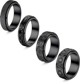 4 Pcs Stainless Fidget Anxiety Ring Spinner Moon Star Ring for Anxiety Stress Relief Roller Band Rings for Women Men Size 9