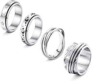 4 Pcs Stainless Fidget Anxiety Ring Spinner Moon Star Ring for Anxiety Stress Relief Roller Band Rings for Women Men Size 10